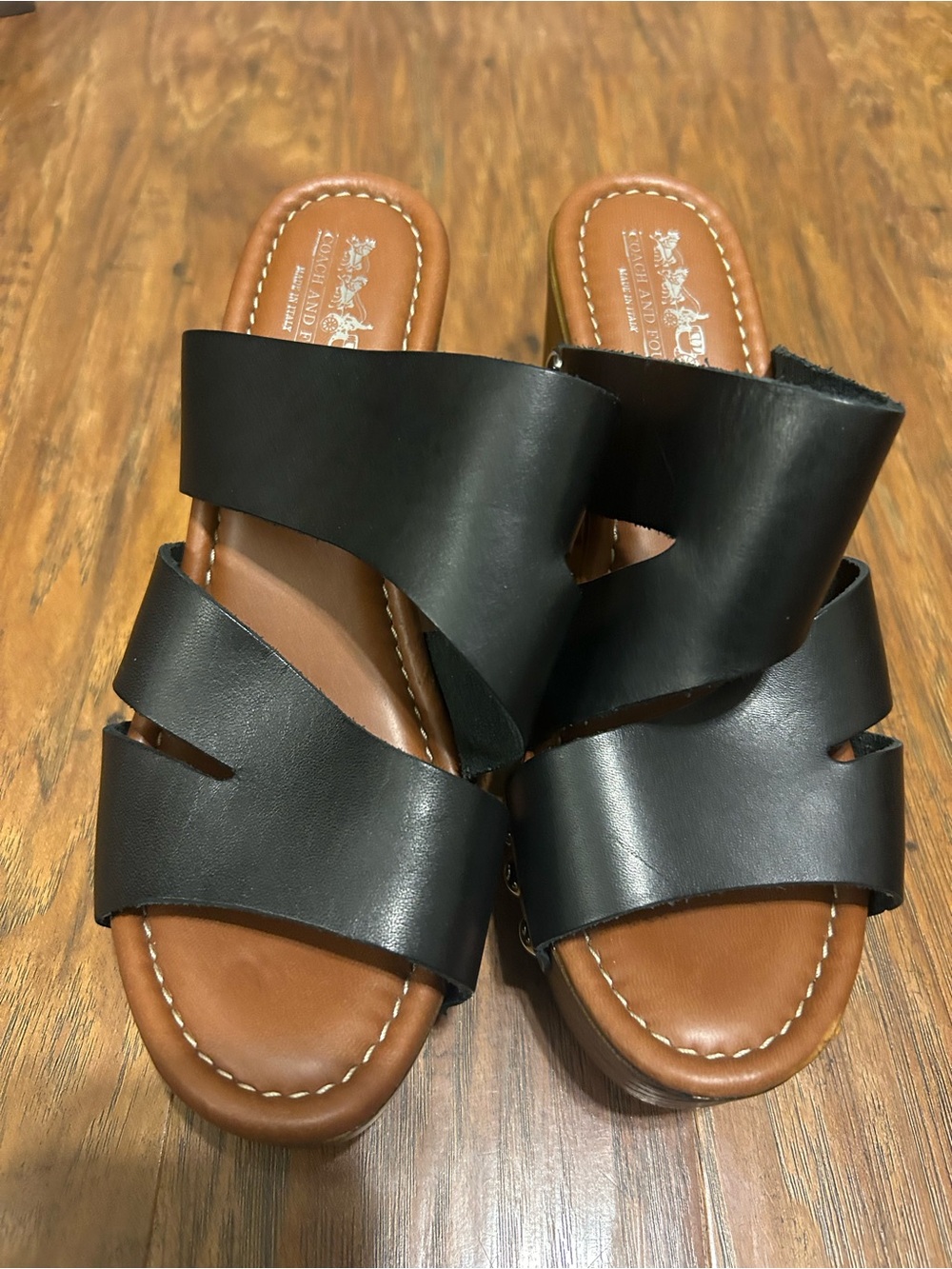 Black Leather Silver Studded Wood Platform Mules Slide-On Hippie Y2K Boho 90s - Picture 6 of 16